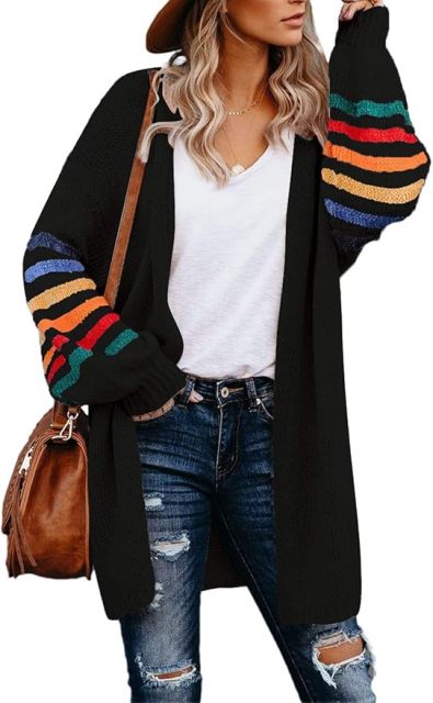 Customizable Tailor-Made Cozy Beige Cardigan with Colorful Striped Sleeves – Wholesale Knitwear for Retailers | Jubaodi