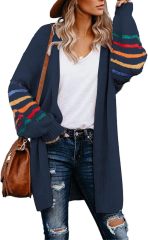 Customizable Tailor-Made Cozy Beige Cardigan with Colorful Striped Sleeves – Wholesale Knitwear for Retailers | Jubaodi