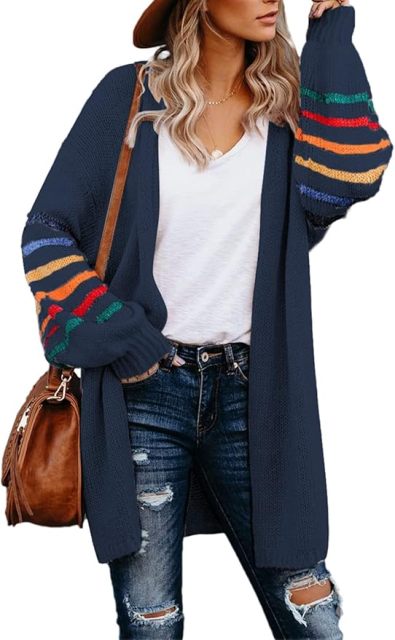 Customizable Tailor-Made Cozy Beige Cardigan with Colorful Striped Sleeves – Wholesale Knitwear for Retailers | Jubaodi