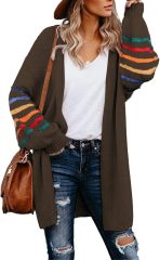 Customizable Tailor-Made Cozy Beige Cardigan with Colorful Striped Sleeves – Wholesale Knitwear for Retailers | Jubaodi