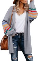 Customizable Tailor-Made Cozy Beige Cardigan with Colorful Striped Sleeves – Wholesale Knitwear for Retailers | Jubaodi