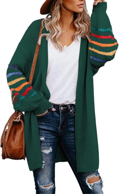 Customizable Tailor-Made Cozy Beige Cardigan with Colorful Striped Sleeves – Wholesale Knitwear for Retailers | Jubaodi