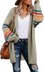 Customizable Tailor-Made Cozy Beige Cardigan with Colorful Striped Sleeves – Wholesale Knitwear for Retailers | Jubaodi