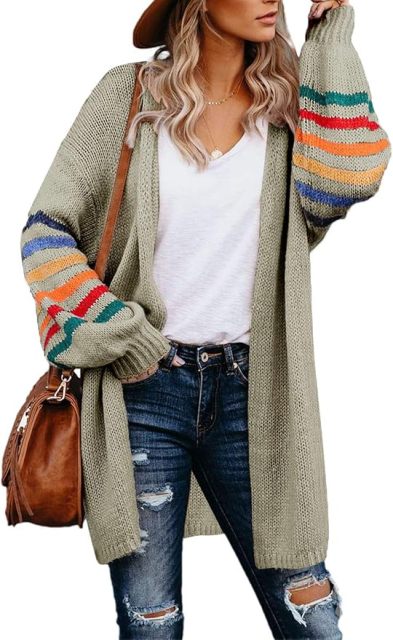 Customizable Tailor-Made Cozy Beige Cardigan with Colorful Striped Sleeves – Wholesale Knitwear for Retailers | Jubaodi