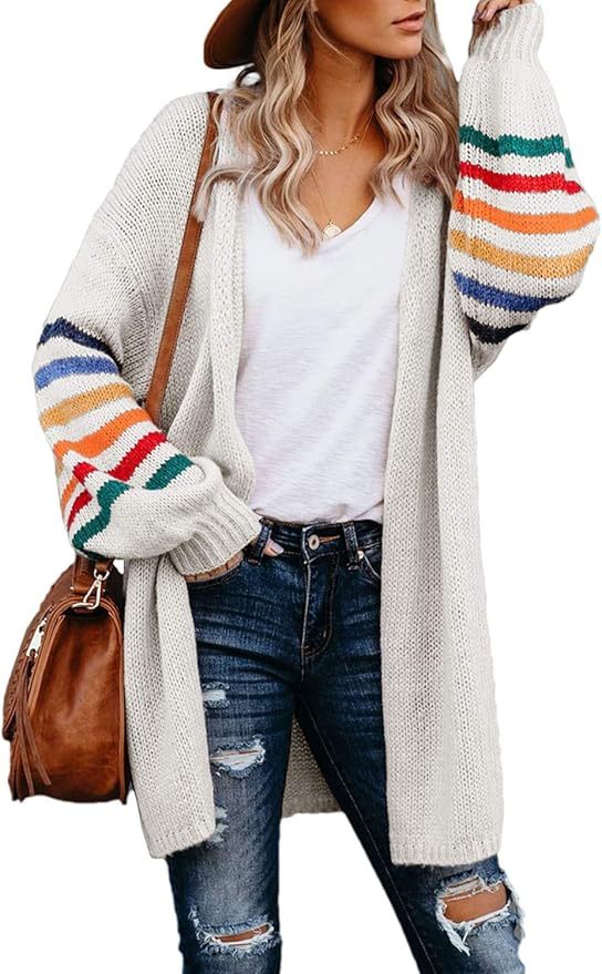 Customizable Tailor-Made Cozy Beige Cardigan with Colorful Striped Sleeves – Wholesale Knitwear for Retailers | Jubaodi