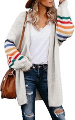 Customizable Tailor-Made Cozy Beige Cardigan with Colorful Striped Sleeves – Wholesale Knitwear for Retailers | Jubaodi