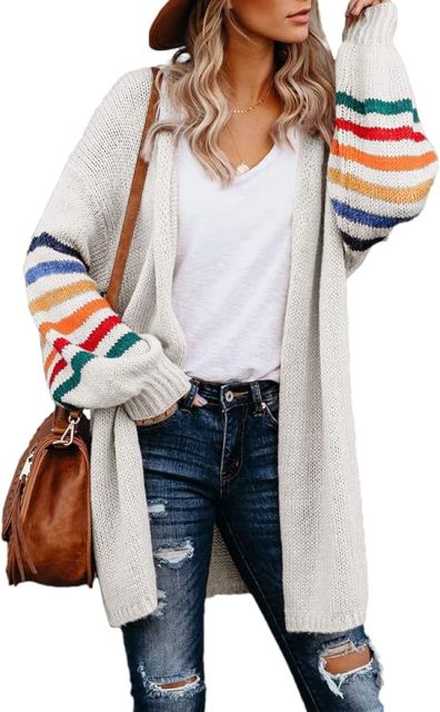 Customizable Tailor-Made Cozy Beige Cardigan with Colorful Striped Sleeves – Wholesale Knitwear for Retailers | Jubaodi