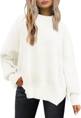 Wholesale Soft Beige Ribbed Long-Sleeve Top with Side Slits – Customizable Relaxed Style for Retailers | Jubaodi