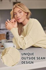 Wholesale Soft Beige Ribbed Long-Sleeve Top with Side Slits – Customizable Relaxed Style for Retailers | Jubaodi