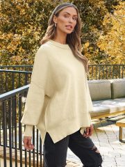 Wholesale Soft Beige Ribbed Long-Sleeve Top with Side Slits – Customizable Relaxed Style for Retailers | Jubaodi