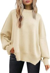 Wholesale Soft Beige Ribbed Long-Sleeve Top with Side Slits – Customizable Relaxed Style for Retailers | Jubaodi