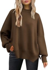 Wholesale Soft Beige Ribbed Long-Sleeve Top with Side Slits – Customizable Relaxed Style for Retailers | Jubaodi