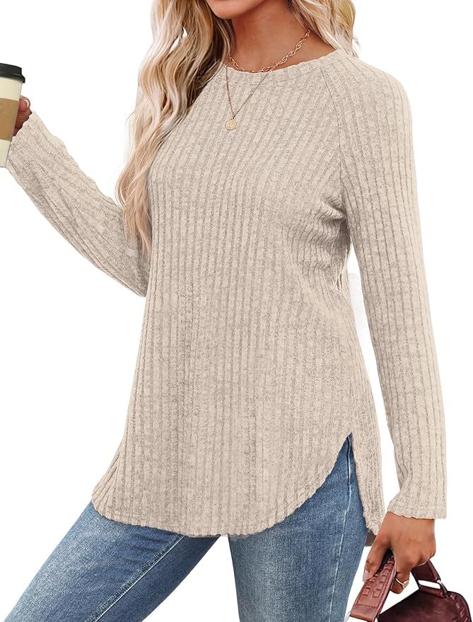 Wholesale Soft Beige Ribbed Long-Sleeve Top with Side Slits – Customizable Relaxed Style for Everyday Wear | Jubaodi