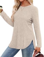 Wholesale Soft Beige Ribbed Long-Sleeve Top with Side Slits – Customizable Relaxed Style for Everyday Wear | Jubaodi