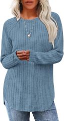 Wholesale Soft Beige Ribbed Long-Sleeve Top with Side Slits – Customizable Relaxed Style for Everyday Wear | Jubaodi