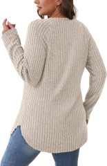Wholesale Soft Beige Ribbed Long-Sleeve Top with Side Slits – Customizable Relaxed Style for Everyday Wear | Jubaodi