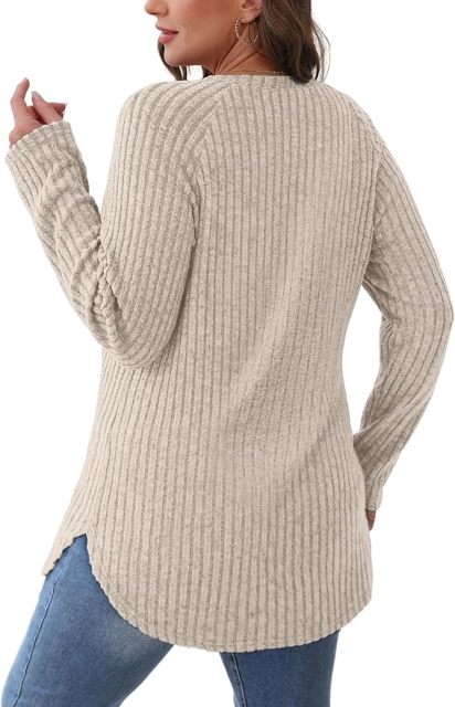 Wholesale Soft Beige Ribbed Long-Sleeve Top with Side Slits – Customizable Relaxed Style for Everyday Wear | Jubaodi