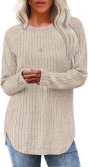 Wholesale Soft Beige Ribbed Long-Sleeve Top with Side Slits – Customizable Relaxed Style for Everyday Wear | Jubaodi