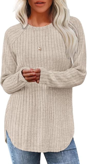 Wholesale Soft Beige Ribbed Long-Sleeve Top with Side Slits – Customizable Relaxed Style for Everyday Wear | Jubaodi