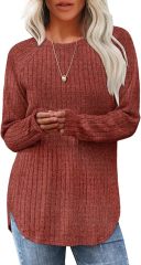 Wholesale Soft Beige Ribbed Long-Sleeve Top with Side Slits – Customizable Relaxed Style for Everyday Wear | Jubaodi