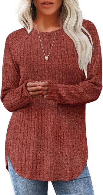 Wholesale Soft Beige Ribbed Long-Sleeve Top with Side Slits – Customizable Relaxed Style for Everyday Wear | Jubaodi