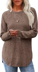 Wholesale Soft Beige Ribbed Long-Sleeve Top with Side Slits – Customizable Relaxed Style for Everyday Wear | Jubaodi