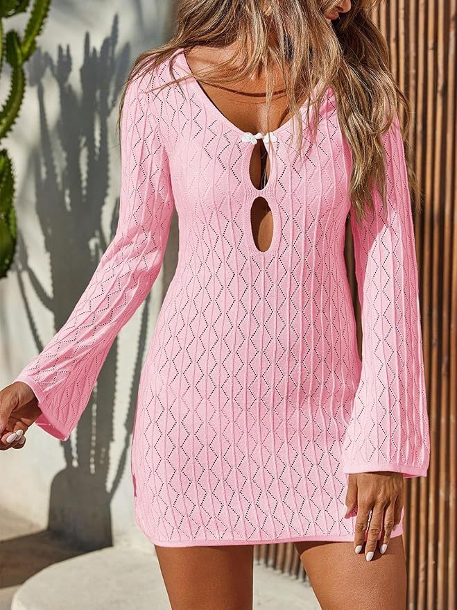 Customizable Charming Pink Crochet Beach Dress with Bell Sleeves – Wholesale OEM Manufacturer for Retailers & Fashion Brands