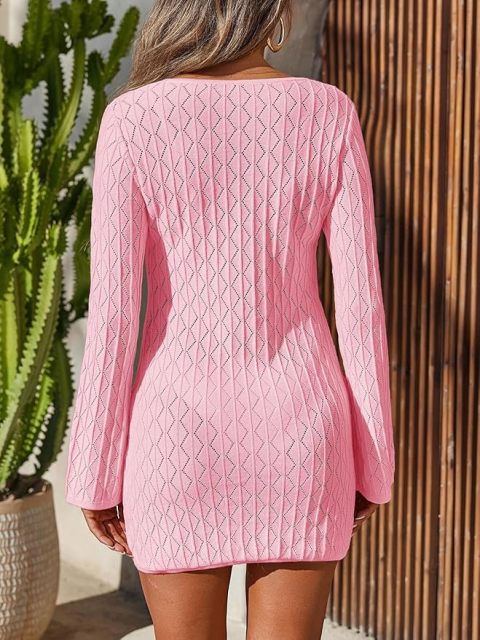 Customizable Charming Pink Crochet Beach Dress with Bell Sleeves – Wholesale OEM Manufacturer for Retailers & Fashion Brands
