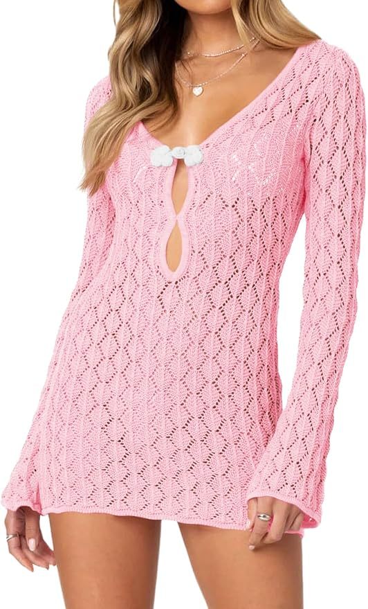 Customizable Charming Pink Crochet Beach Dress with Bell Sleeves – Wholesale OEM Manufacturer for Retailers & Fashion Brands
