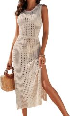 Custom Wholesale Elegant Beige Crochet Midi Dress - Personalized Knitwear for Manufacturers & Retailers