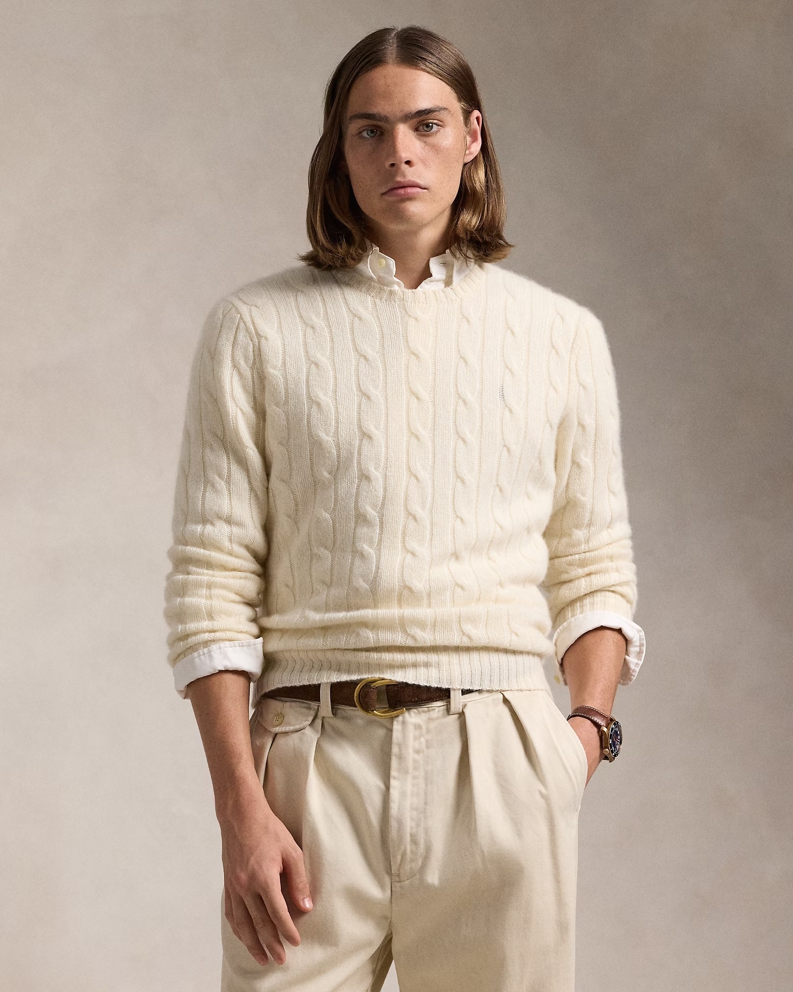 Customizable Men's Cable-Knit Crew Neck Sweater in Ivory – Wholesale & Bulk Manufacturing
