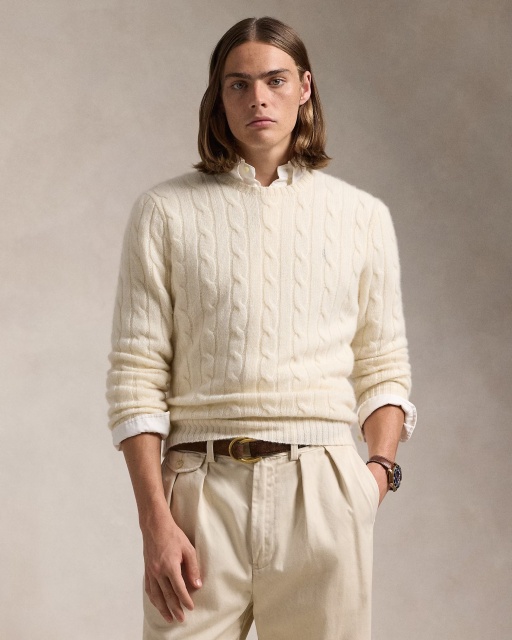 Customizable Men's Cable-Knit Crew Neck Sweater in Ivory – Wholesale & Bulk Manufacturing