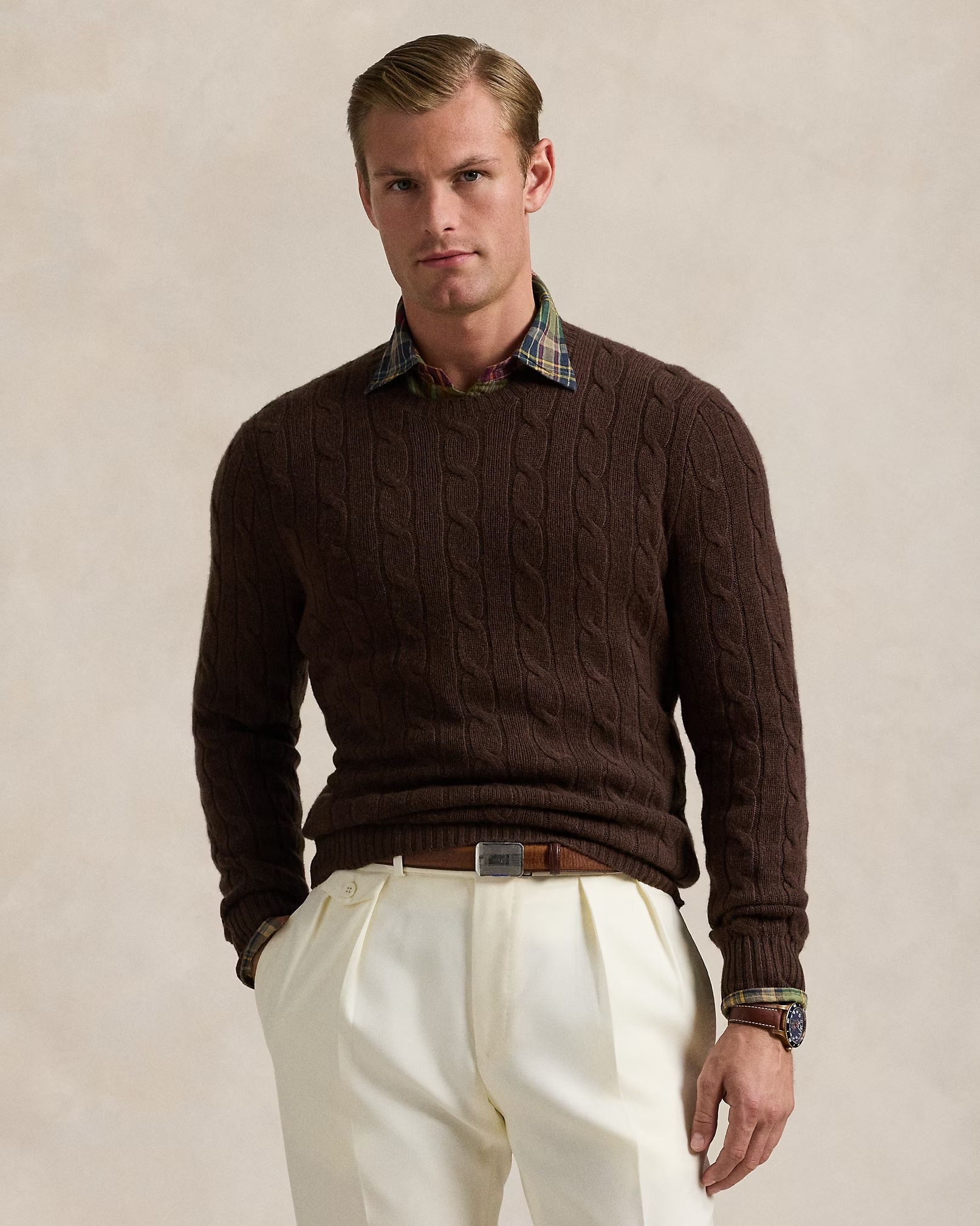 Customizable Men's Cable-Knit Crew Neck Sweater in Ivory – Wholesale & Bulk Manufacturing
