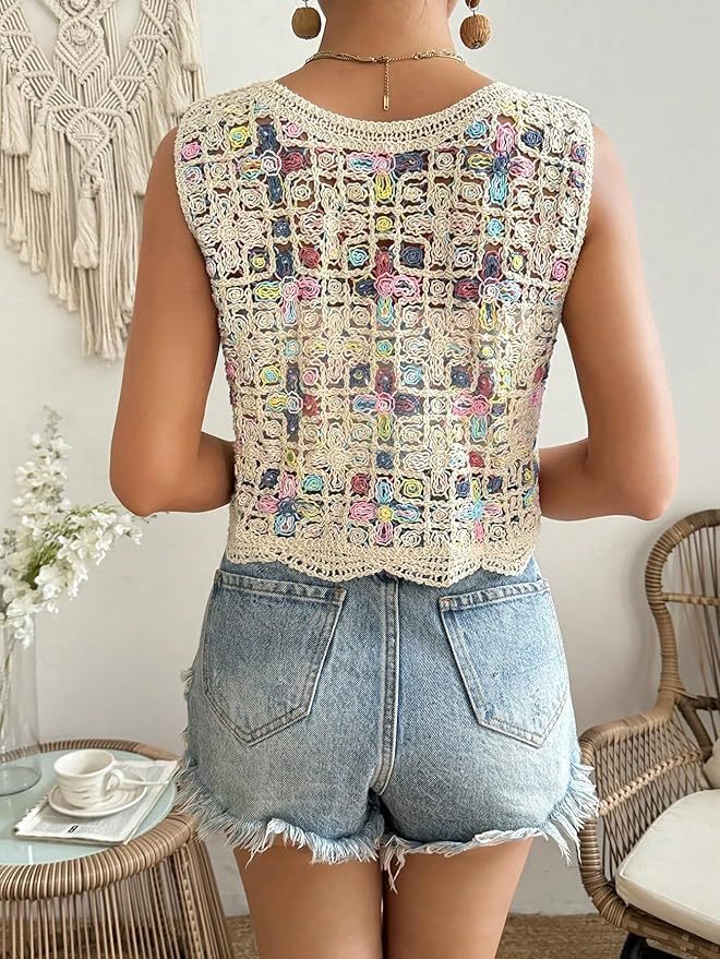 Customizable Colorful Crochet Button-Up Vest for Women – Wholesale & OEM Manufacturing