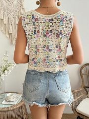 Customizable Colorful Crochet Button-Up Vest for Women – Wholesale & OEM Manufacturing