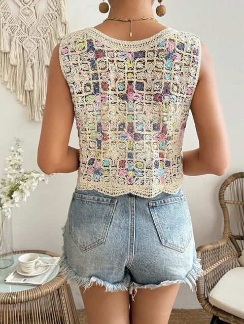 Customizable Colorful Crochet Button-Up Vest for Women – Wholesale & OEM Manufacturing