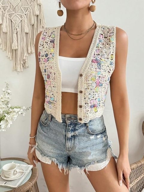 Customizable Colorful Crochet Button-Up Vest for Women – Wholesale & OEM Manufacturing