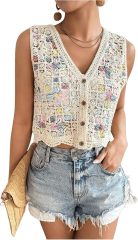 Customizable Colorful Crochet Button-Up Vest for Women – Wholesale & OEM Manufacturing