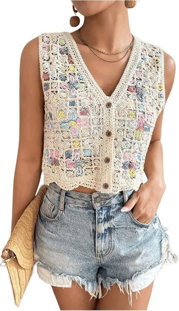 Customizable Colorful Crochet Button-Up Vest for Women – Wholesale & OEM Manufacturing