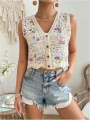 Customizable Colorful Crochet Button-Up Vest for Women – Wholesale & OEM Manufacturing