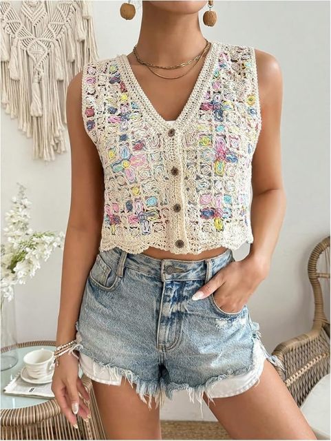 Customizable Colorful Crochet Button-Up Vest for Women – Wholesale & OEM Manufacturing