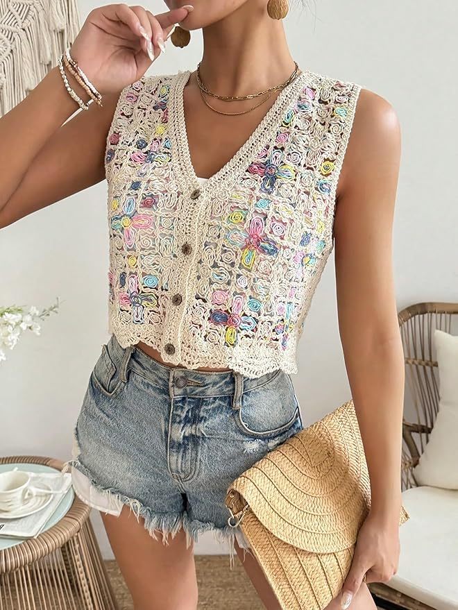 Customizable Colorful Crochet Button-Up Vest for Women – Wholesale & OEM Manufacturing