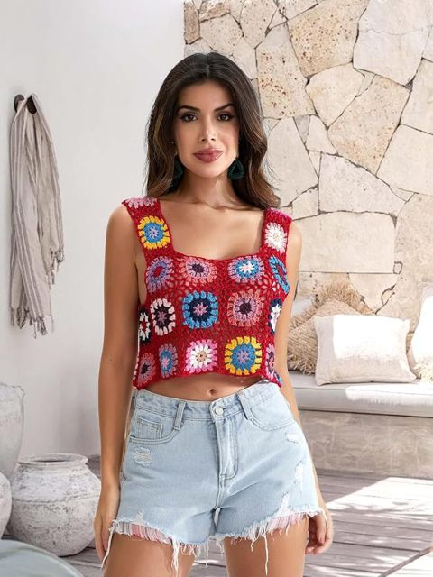Customizable Colorful Crochet Square Tank Top for Women – Bulk Wholesale & OEM Manufacturing