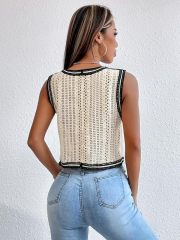 Customizable Black and White Crochet Button-Up Vest for Women – Bulk Wholesale & OEM Manufacturing