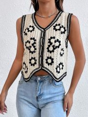 Customizable Black and White Crochet Button-Up Vest for Women – Bulk Wholesale & OEM Manufacturing