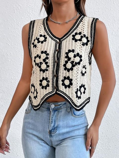 Customizable Black and White Crochet Button-Up Vest for Women – Bulk Wholesale & OEM Manufacturing