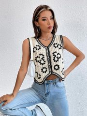 Customizable Black and White Crochet Button-Up Vest for Women – Bulk Wholesale & OEM Manufacturing