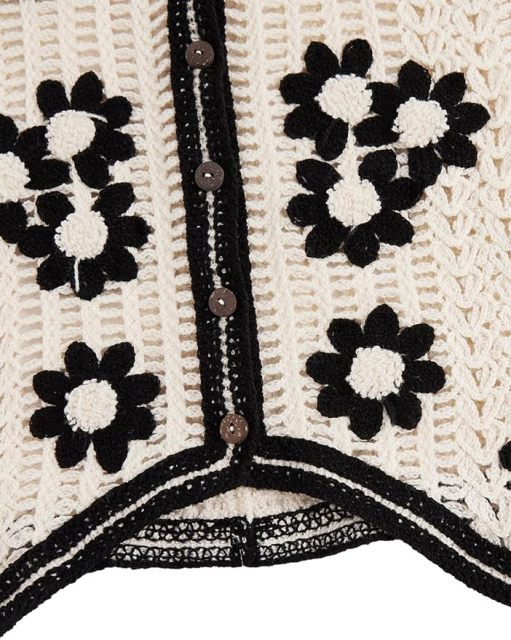 Customizable Black and White Crochet Button-Up Vest for Women – Bulk Wholesale & OEM Manufacturing