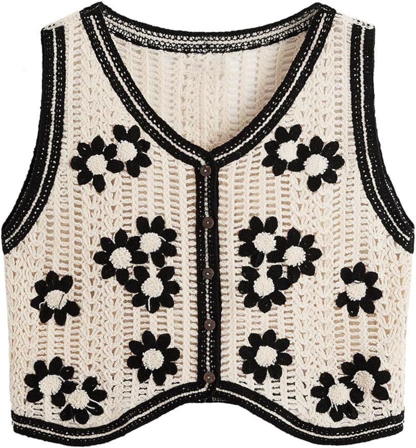 Customizable Black and White Crochet Button-Up Vest for Women – Bulk Wholesale & OEM Manufacturing