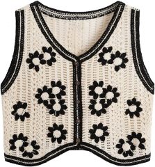 Customizable Black and White Crochet Button-Up Vest for Women – Bulk Wholesale & OEM Manufacturing